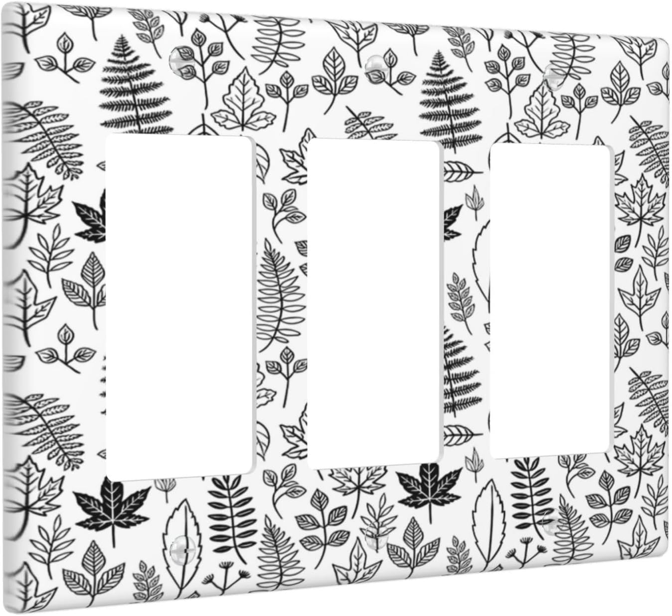 Black White Leaf Wheat Maple Leaf Plant Light Switch Covers 3 Gang Rocker Decorative Triple Outlet Wall Plate Cover Electrical GFCI Switchplate for Bedroom Bathroom Decor