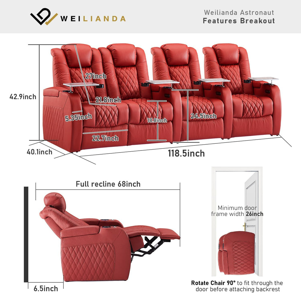 Weilianda Home Theater Seating Top Grain Leather Zero Gravity Recliner Chair Power Headrest Recline Movie Seat Gaming 7 Colors Mood Light Sofa with Tray Table USB Charge Row of 4 Loveseat Left Red