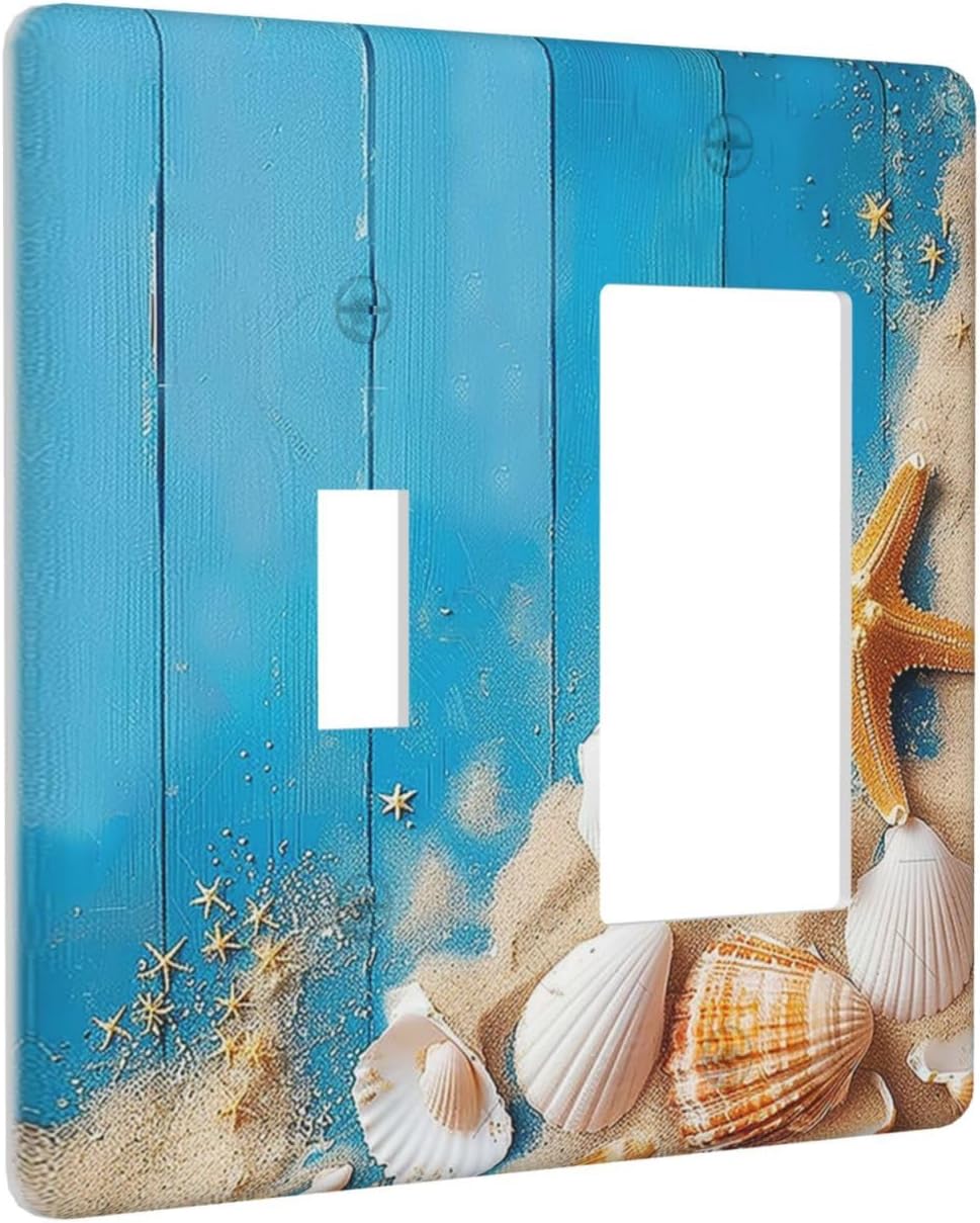 Outlet Covers Blue Wood Grain Beach Shell Starfish 1 Toggle 1 Rocker Combination Decorative Wall Plate Electrical Switch Plates Light Switch Cover Plate for Bathroom Farmhouse Decor