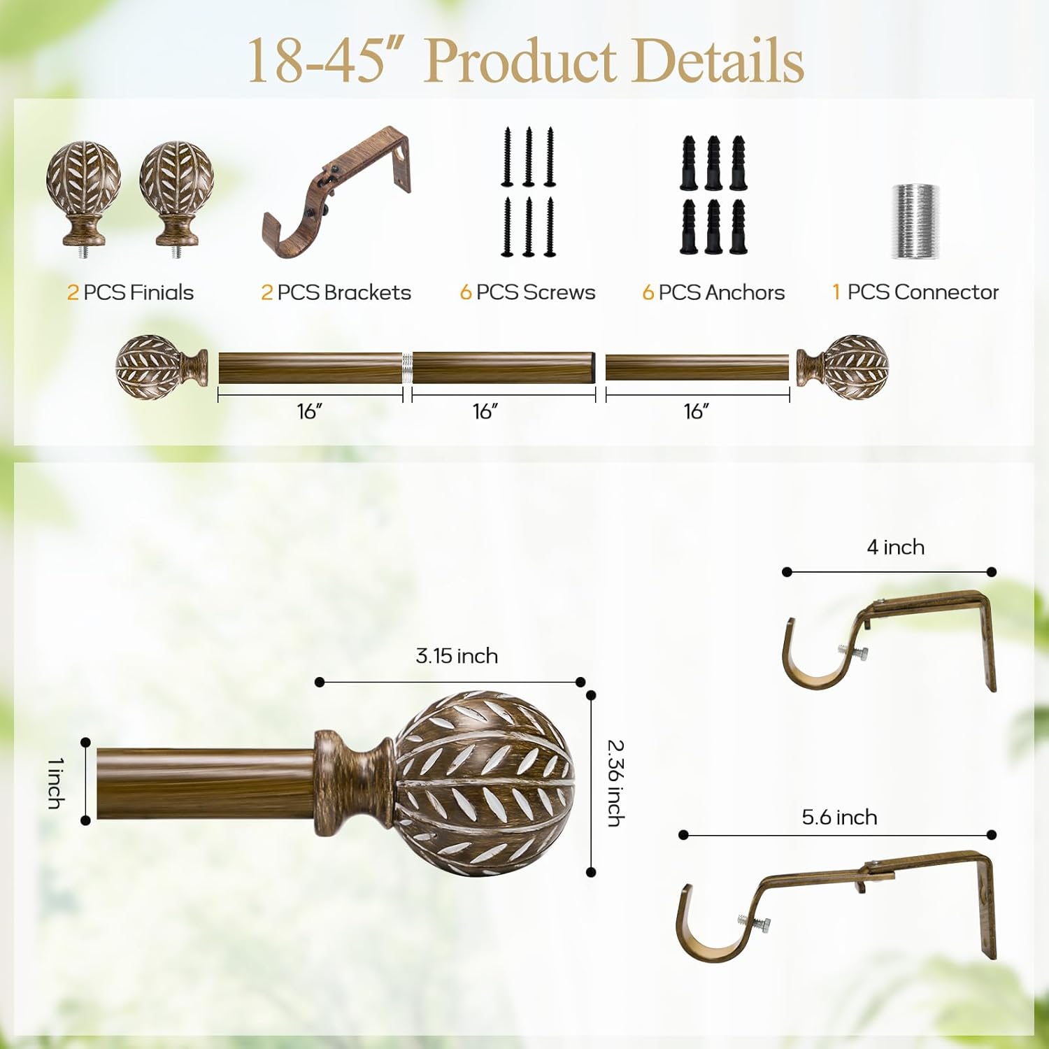 Boho Wooden Curtain Rods for Windows 28 to 48 Inches(2.3-4 ft), Adjustable-Heavy Duty 1" Diameter Drapery Rod with Imitation Wood-Grain Leaf-Pattern Finials - for Living Room & Bedroom，18-45''