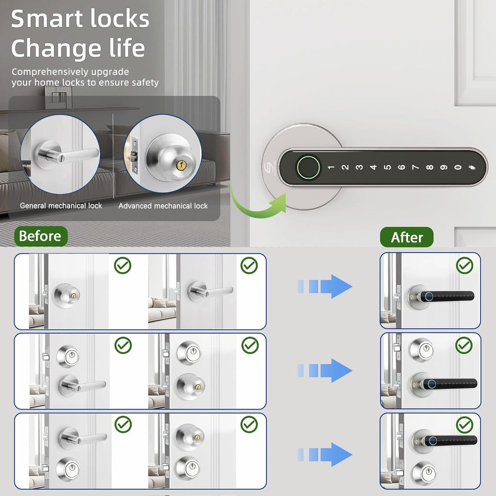 Smart Electronic Fingerprint Door Lock, Keyless Entry with Handle, Codes, APP, IC Cards, Fingerprints, Keys, for Home Bedroom Apartment (Silvery)