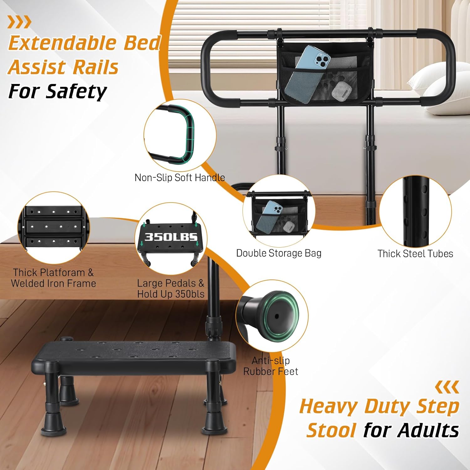 Bed Rails for Elderly Adults Safety, Step Stool with Handle for Ederly - Extended Bed Assist Rail for Seniors with Storage Bag - Adjustable Bed Side Rails Foot Stool, Fits Twin Full Queen King