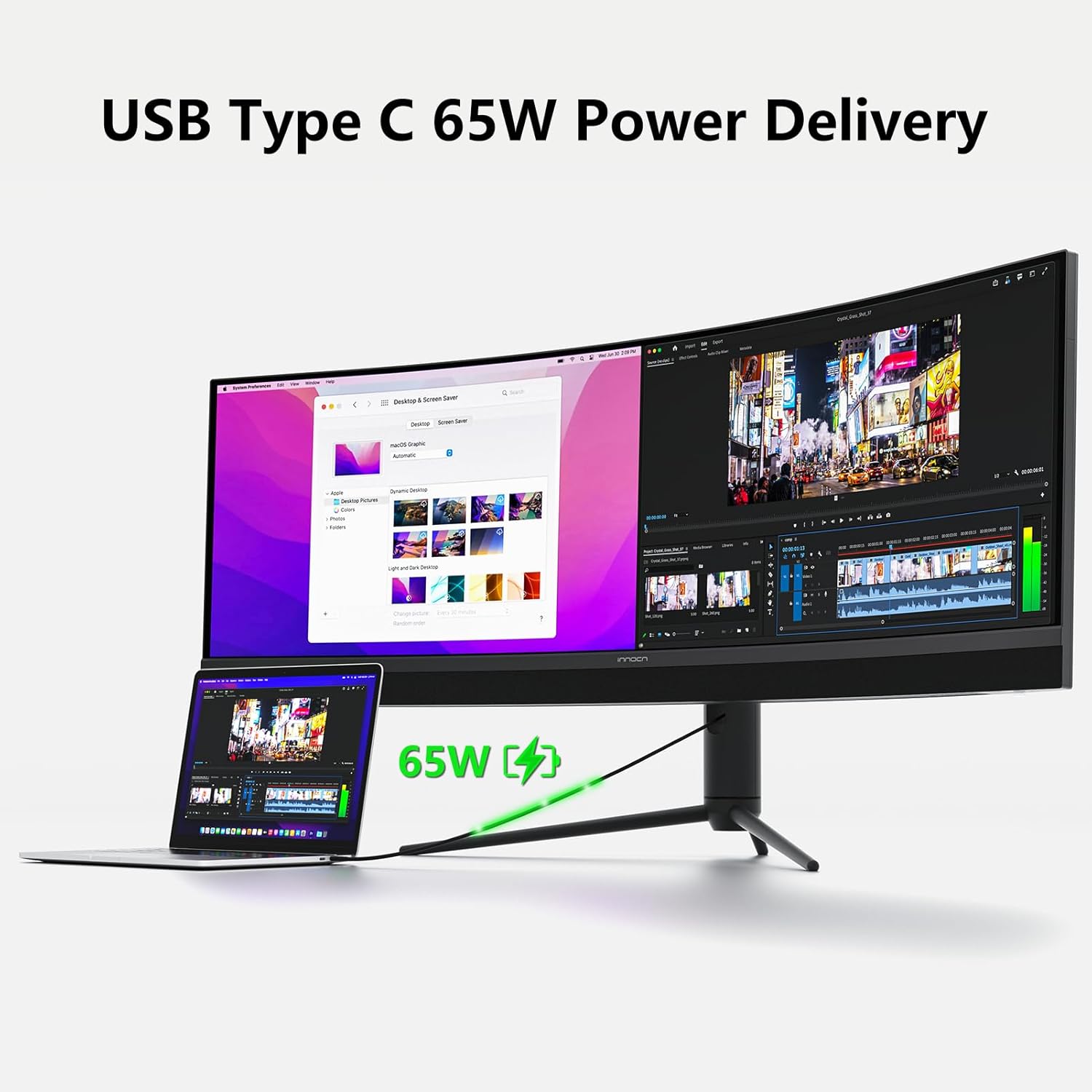 INNOCN 45C1R 45 Inch 5120 x 1440p Ultrawide Curved Gaming Monitor, R1500, HDR400, USB Type-C 90W Power Delivery, PIP/PBP, Built-in Speaker, Height Adjustable, Black