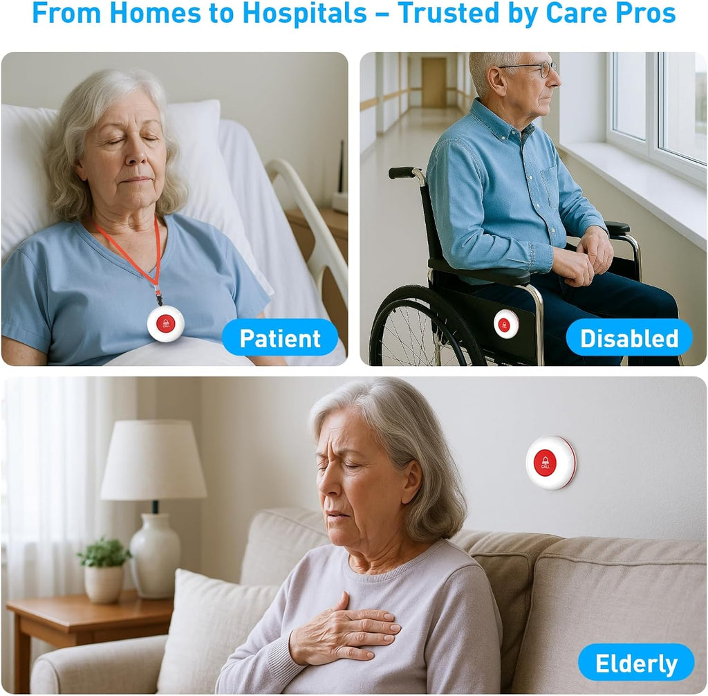WiFi Caregiver Pager System with Emergency Button for Elderly - 1 SOS Alert Watch + 2 Wireless Call Buttons + 1 Receiver for Seniors Patient Disabled Kids (2.4GHz WiFi, No Monthly Fee)