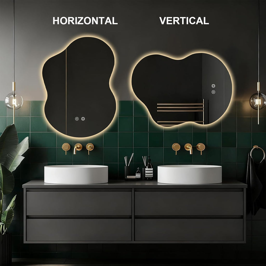 Asymmetrical Lighted Mirror for Bathroom,Modern LED Vanity Mirror with Backlit,Fog-Free,Tri-Color Dimmable Lighting with Memory Function,Hardwire Ready [Horizontal/Vertical] 30" H x 22" W