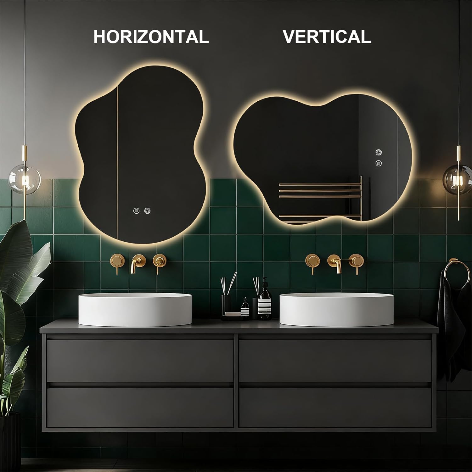 Asymmetrical Lighted Mirror for Bathroom,Modern LED Vanity Mirror with Backlit,Fog-Free,Tri-Color Dimmable Lighting with Memory Function,Hardwire Ready [Horizontal/Vertical] 30" H x 22" W