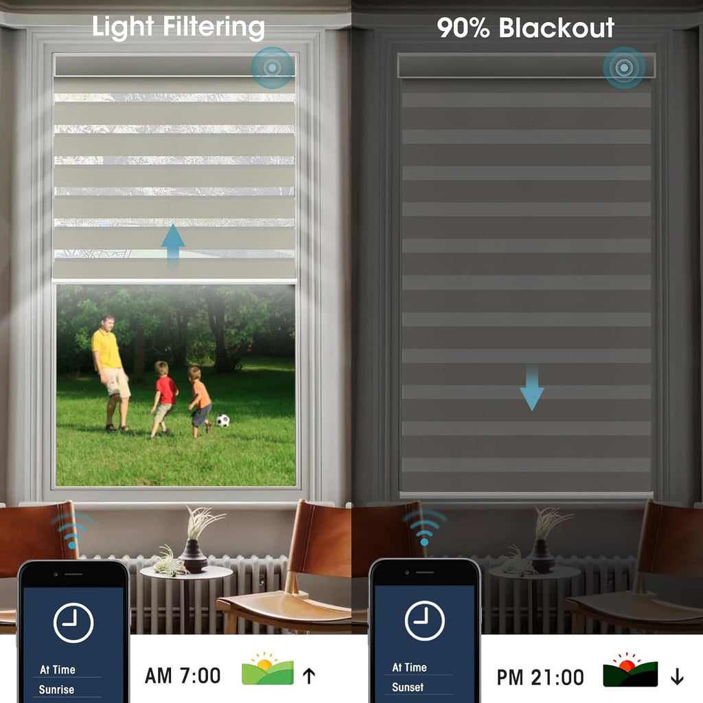 SmartWings Motorized Zebra Shades with Valance Work with Homekit Thread Alexa Z-Wave Smart Dual Layer Shades with Remote Control, Automatic Horizontal Window Blind, 90% Blackout 95mm Astrid Beige
