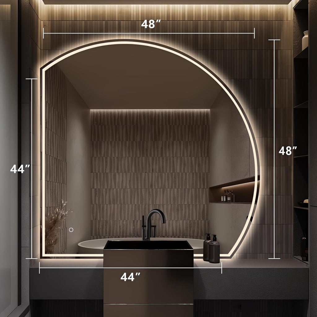 Niccy Half Moon Led Mirror for Bathroom, 48" Semi Round Backlit Mirror for Wall Lighted Mirror with Frameless 3 Color, Defogger, Explosion-Proof, HD Glass and IP65 Vanity Mirror