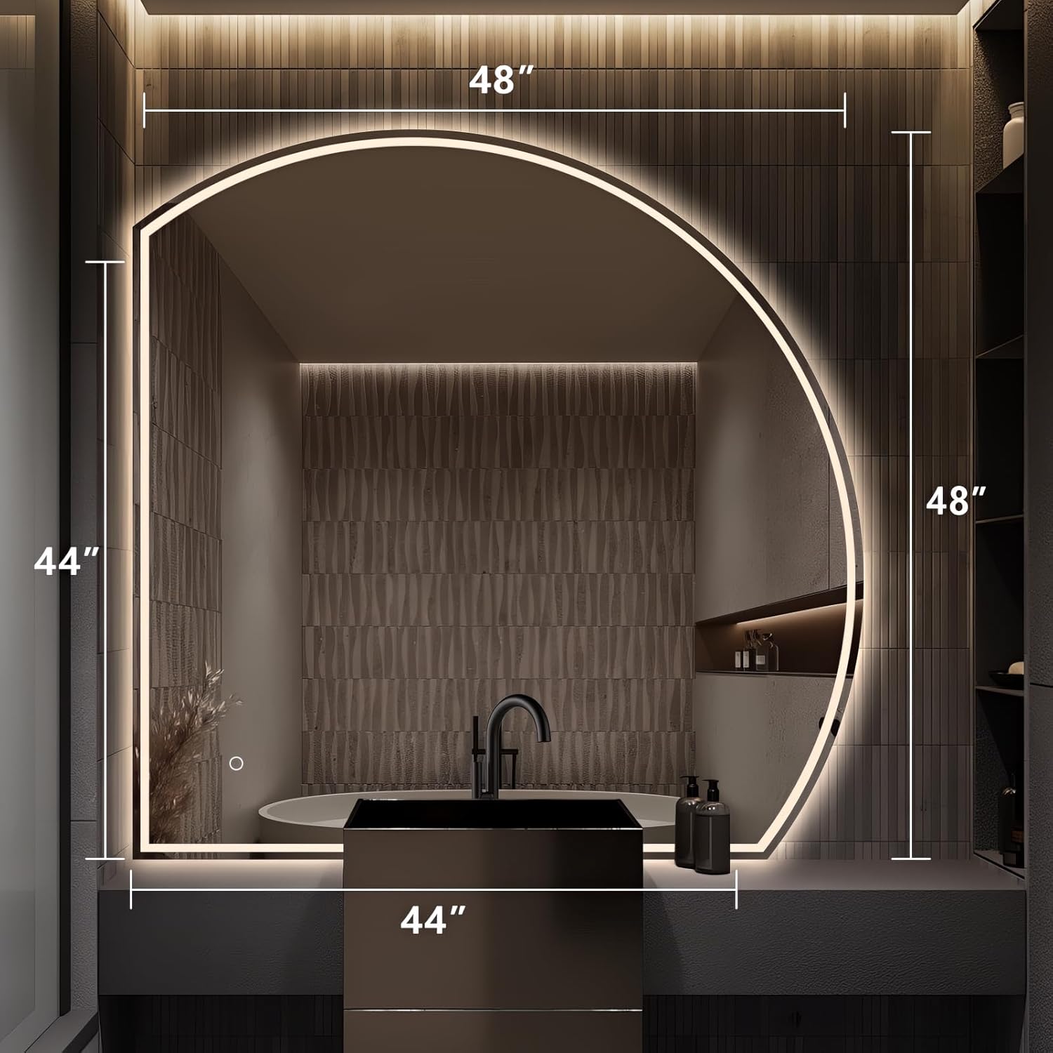 Niccy Half Moon Led Mirror for Bathroom, 48" Semi Round Backlit Mirror for Wall Lighted Mirror with Frameless 3 Color, Defogger, Explosion-Proof, HD Glass and IP65 Vanity Mirror
