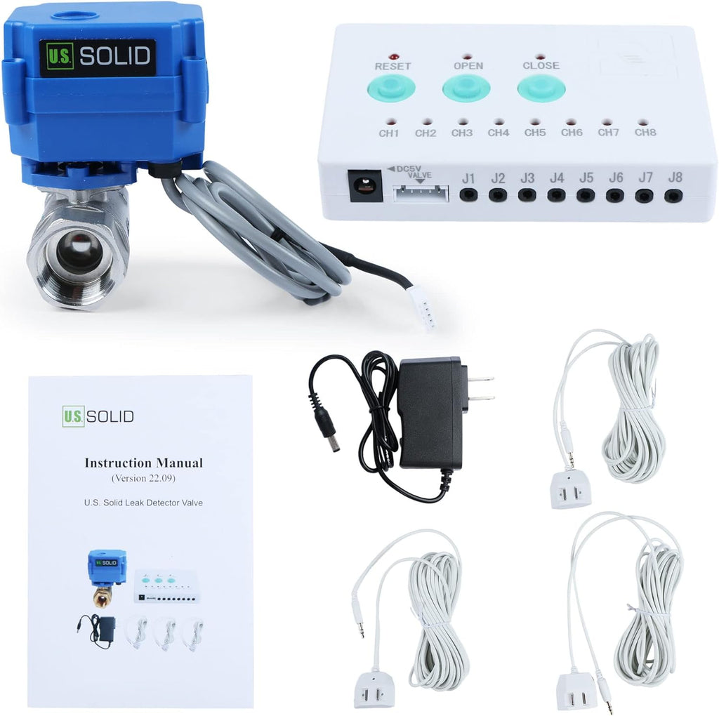 U.S. Solid Water Leak Detector - Water Alarm Leak Detect System with 3/4” Automatic Shut-Off Stainless Steel Motorized Ball Valve, Controller and 3 Sensors and Sound Alarm