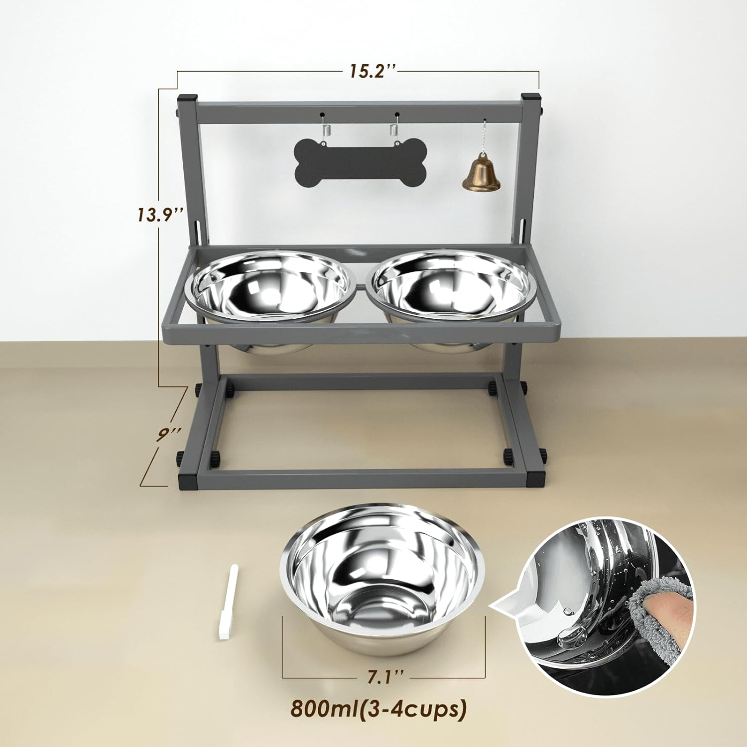 SHAINFUN Elevated Dog Bowls - Raised Stand with 2 Stainless Steel Bowls, Adjustable Height Feeder for Small and Medium Dogs, Puppies, Cats - Grey