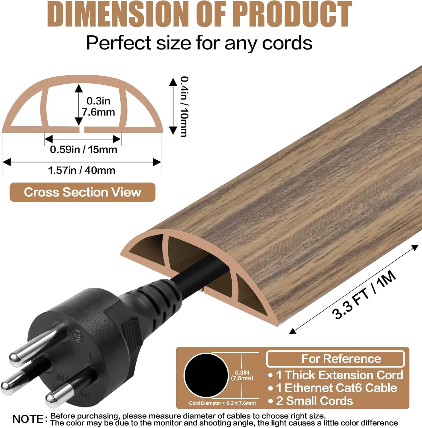 Floor Cord Cover Self Adhesive Cord Hider,3.3FT Cable Management, Extension Strip Protector for Wires, Prevent Cable Trips for Offices, Gyms, Exhibitions Cavity:0.51"(W) x0.3(H) Woodsmokedbrown
