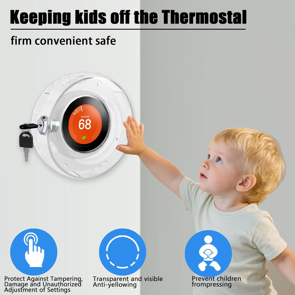 2 PC Round Baby Safety Thermostat Lock Case with Key,Thermostat Cover Universal Lock Case Clear Wall Guard Fits Round Nest Thermostat(3.5x3.5x1.9 in) or Smaller