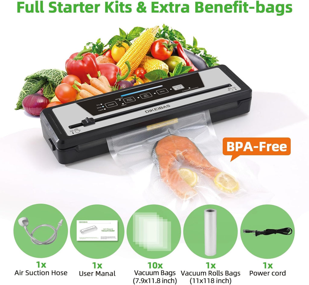 Vacuum Sealer Machine with 10 Bags & 10 Feet Bag Roll | 85kPa Powerful Suction | Automatic Food Sealer for Sous Vide | Dry & Moist Modes | Compact with Built-in Cutter