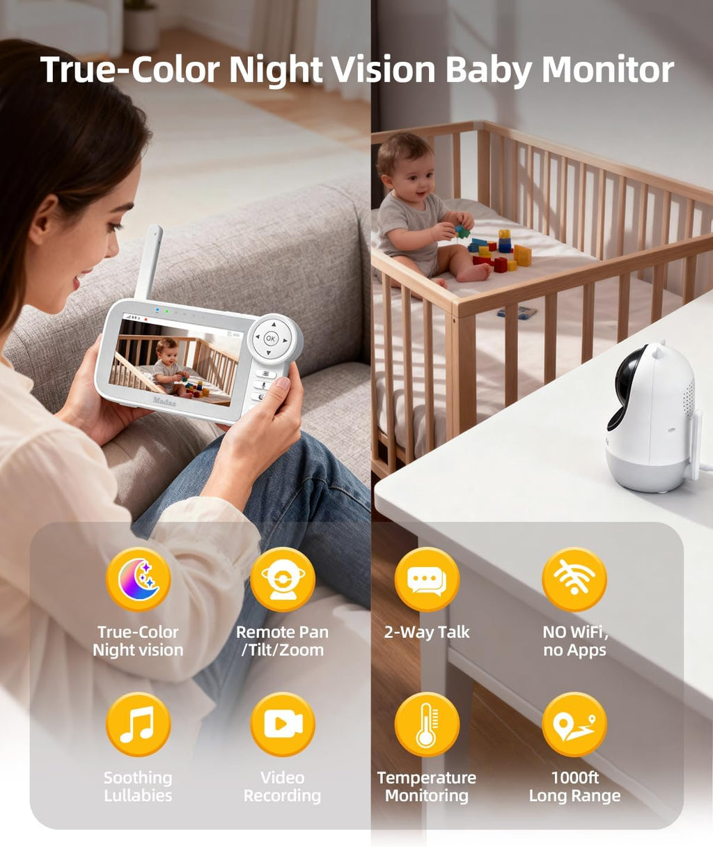 Madaz No WiFi Baby Monitor with Color Night Vision, 5" HD Display,1080P Pan Tilt Zoom Camera, Lullabies, Temperature Sensor, 2-Way Talk, 1000ft Range + Duck Night Light