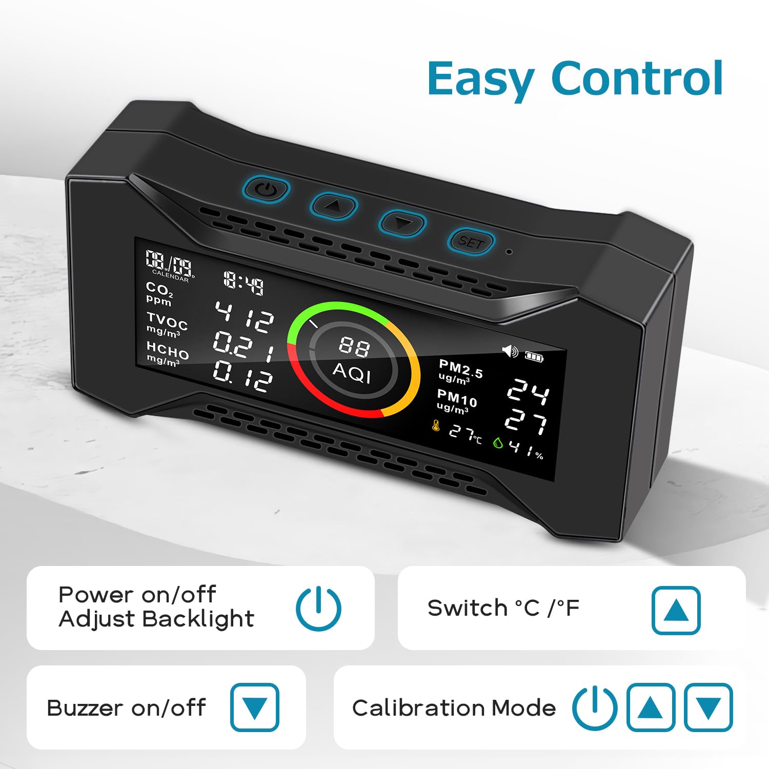 8-in-1 Air Quality Monitor Indoor, Portable Air Quality Tester CO2 Monitor (PM2.5, PM10, CO2, VOC, Formaldehyde, Humidity, Temp) 2600mAh Long-Lasting Battery Sleep-Friendly Display