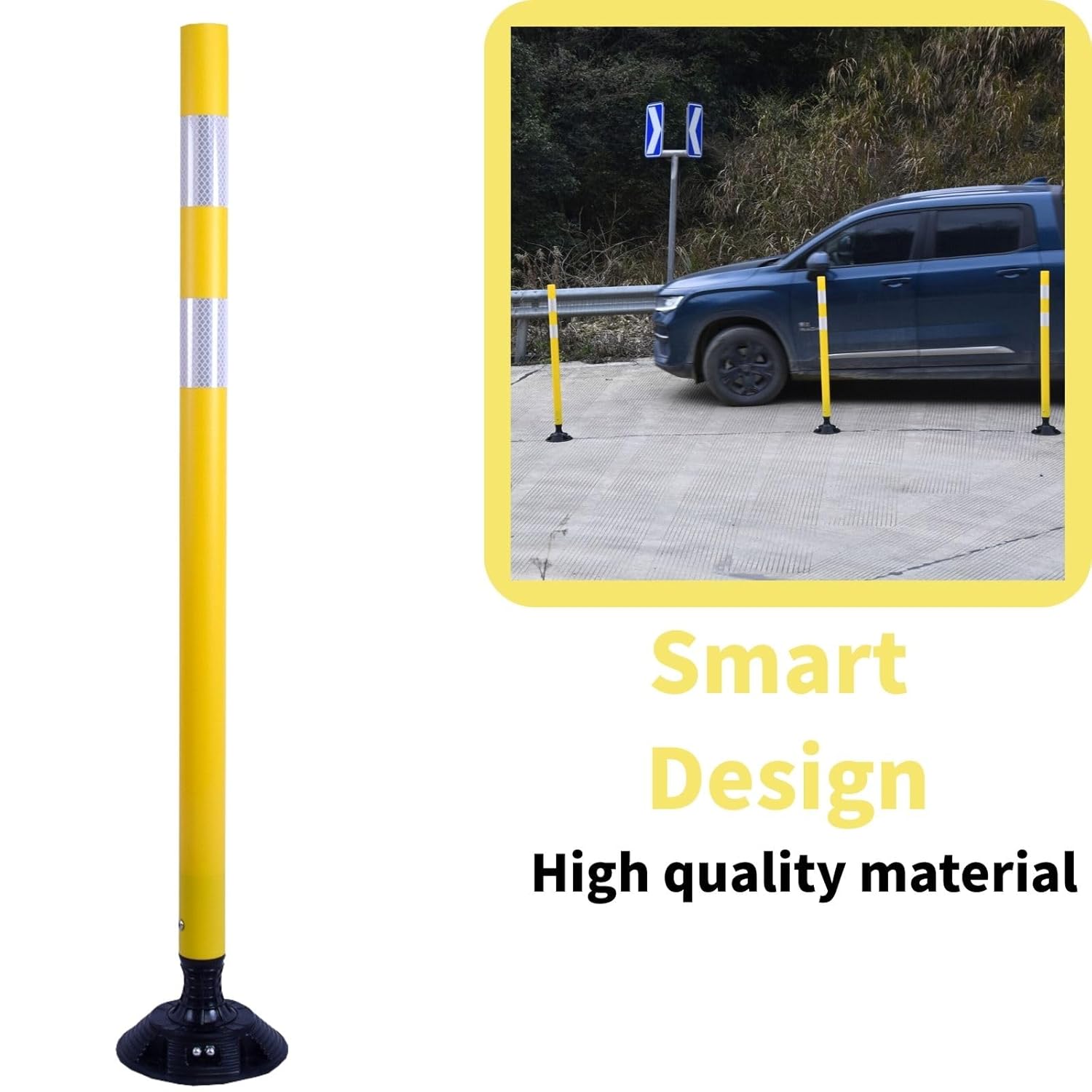 8 Pack Traffic Delineator Posts – High Visibility Reflective Safety Cones with Spring Base for Roadway, Parking, Garage, Construction Zones (Yellow, 48 Inch)