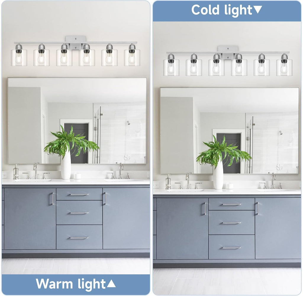 Modern Brushed Nickel 6 Light Bathroom Light Fixtures,38 inch Vanity Lights for Bathroom with Clear Glass, Vanity Light for Mirror Kitchen Living Room Hallway Cabinet Porch