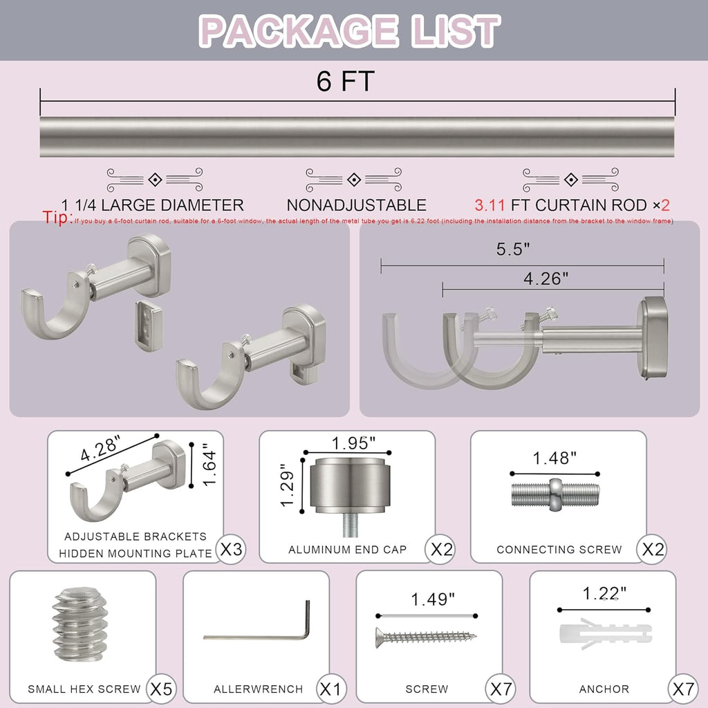 Heavy Duty Curtain Rods,1 1/4" Large Diameter Premium Nonadjustable Curtain Rod,72in/6ft Custom Window Treatment Rods with Durable Aluminum Brackets and End Caps,Brushed Nickel Finish