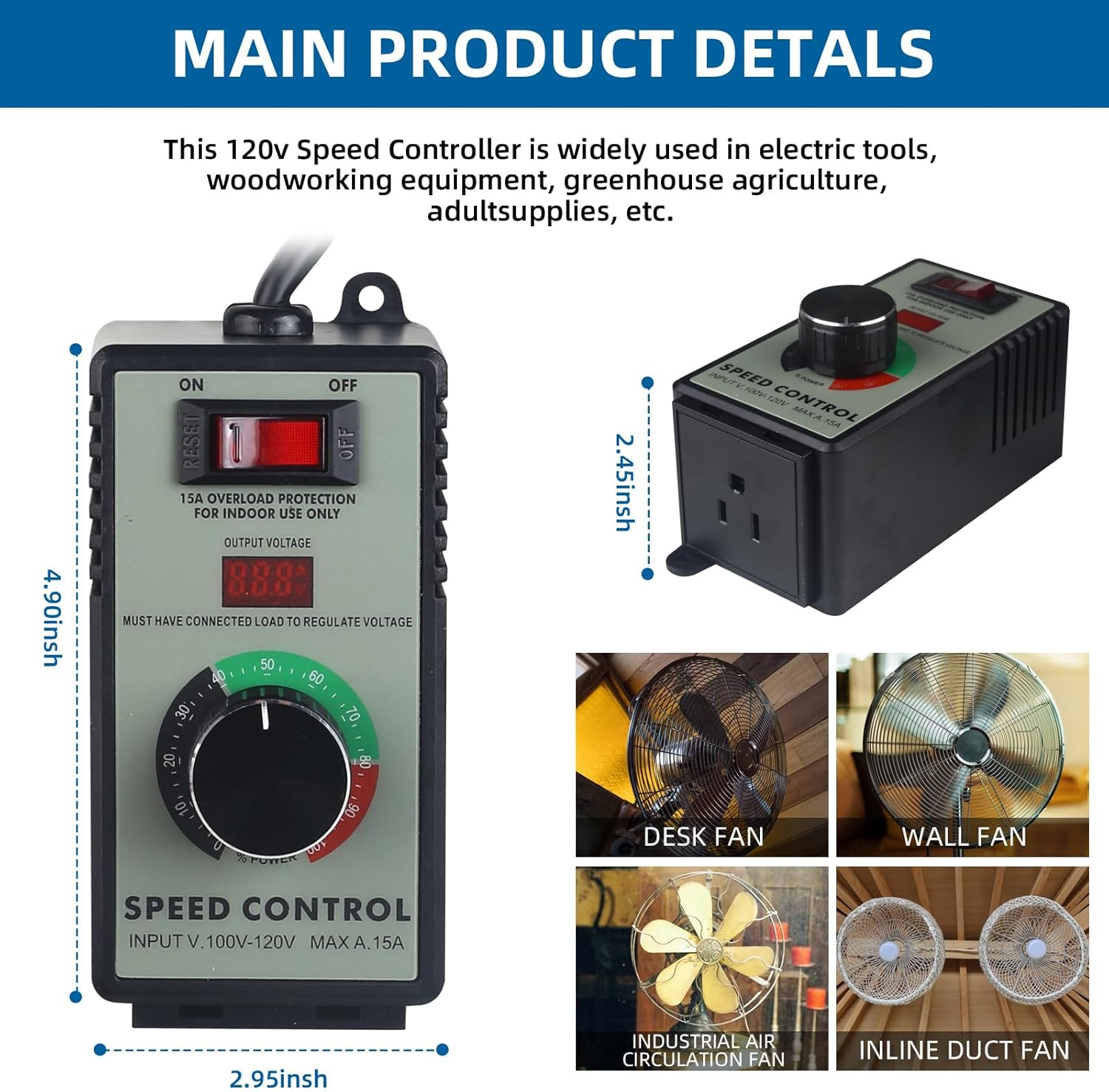 Versatile AC Motor Speed Controller - 100V-120V, 15A Max - Electric Fan Speed Regulator with Overload Protection, Electronic Voltage Regulation, and Voltage LED Display