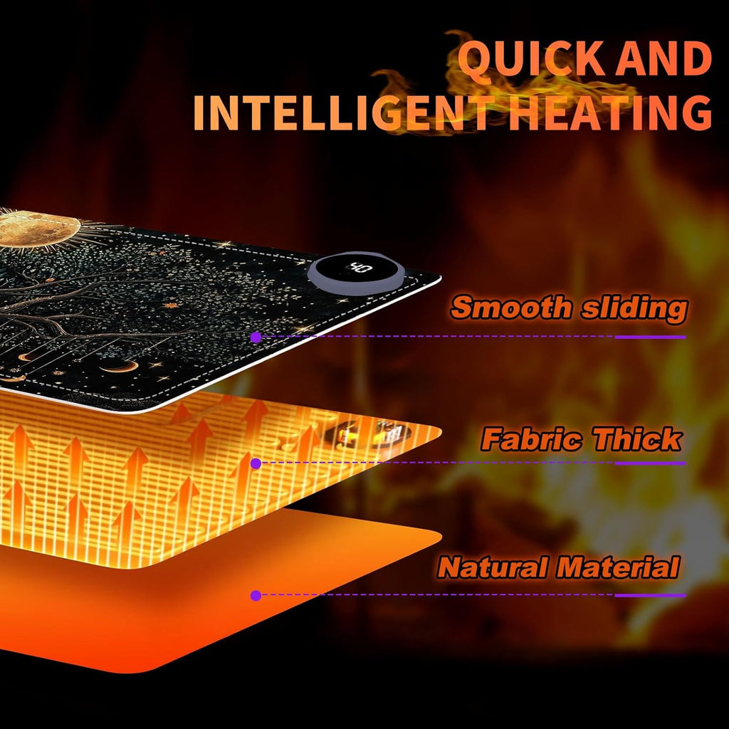 Heated Mouse Pad 23.6 x 14 in 3-Temp Fast Heating Desk Mat with Auto Timer Warmer for Hands Wrist Pain Relief Waterproof Keyboard Mat for Office, Gaming, Home, Moonlit Tree Art