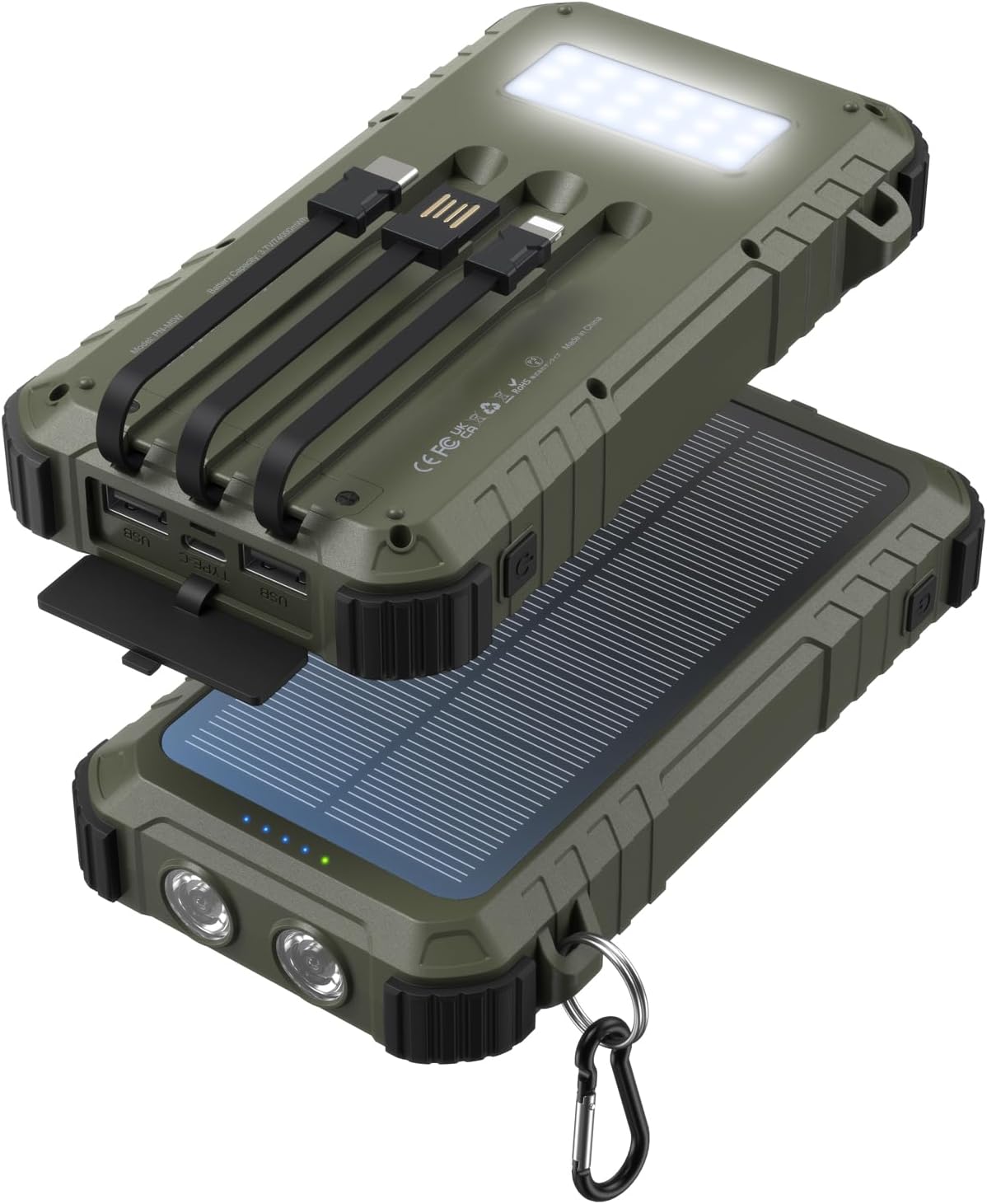 Power-Bank-Solar-Charger 45800mAh Fast Charging with 3 Built-in Cables LED Flashlight Portable External Battery Pack Compatible with iPhone, and-roid, Tablet, Drone, Camera