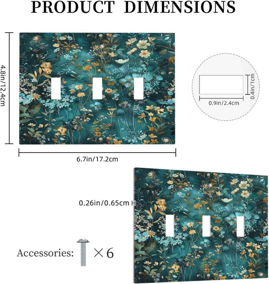 Decorative Switch Plates Green Leaf Floral Boho Golden Flower Plant 3 Gang Wall Plate Triple Toggle Light Switch Cover Faceplate Electrical Wall Panels For Bed Room Cabin Decor