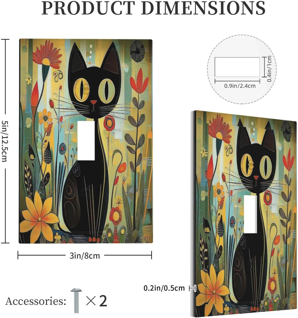 Funny Cat Retro Abstract Flowers Kitten Decorative Light Switch Cover 1 Gang Single Toggle Device Electrical Faceplate Switchplates Decorator Outlet Wall Plate For Kids Room Bed Room Decor