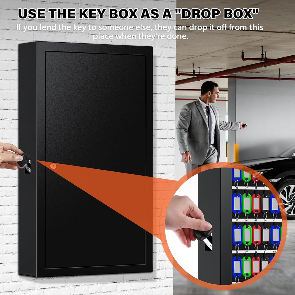 225 Keys Key Lock Box Wall Mount with Additional 16 Side Hooks and Key Tags, Anti-Theft Key Box Key Cabinet with Side Opening, Key Organizer Key Safe for Home Office Garage Rental Business
