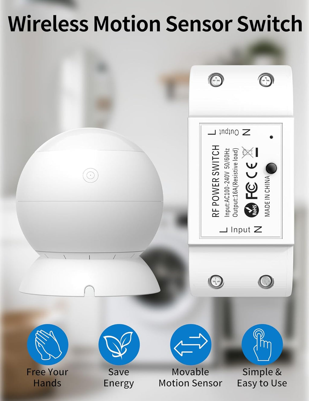 Wireless Motion Sensor Switch Kit with Split Sensor & Switch, PIR Motion Activated Power Switch with Timer, Indoor Motion Detector for Lights & Exhaust Fan (110V-120V) of Bathroom, Garage