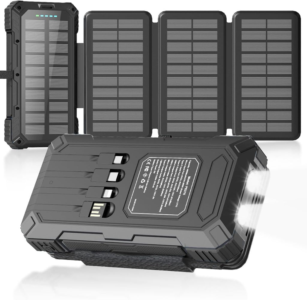 Solar Charger Power Bank 49800mAh with 4 Built-in Cables & 4 Foldable Panels, PD22.5W Fast Portable Phone Charger, External Battery Pack with USB-C in/Output & Flashlight for Outdoor Camping