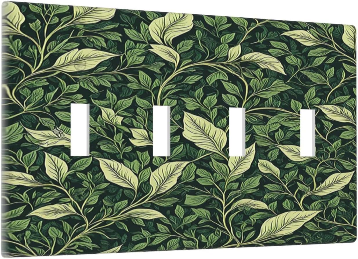 Light Switch Cover Plate Vintage Green Plant Leaves Quad Toggle Wall Plates Decorative Switch Plates 4 Gang Outlet Covers Electrical Panel Cover Faceplate for Home Decor 4.5 X 8 IN