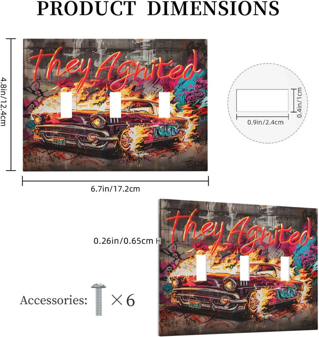 Decorative Switch Plates Hip Hop Street Graffiti Flame Car 3 Gang Wall Plate Triple Toggle Light Switch Cover Faceplate Electrical Wall Panels for Bedroom living Room Decor