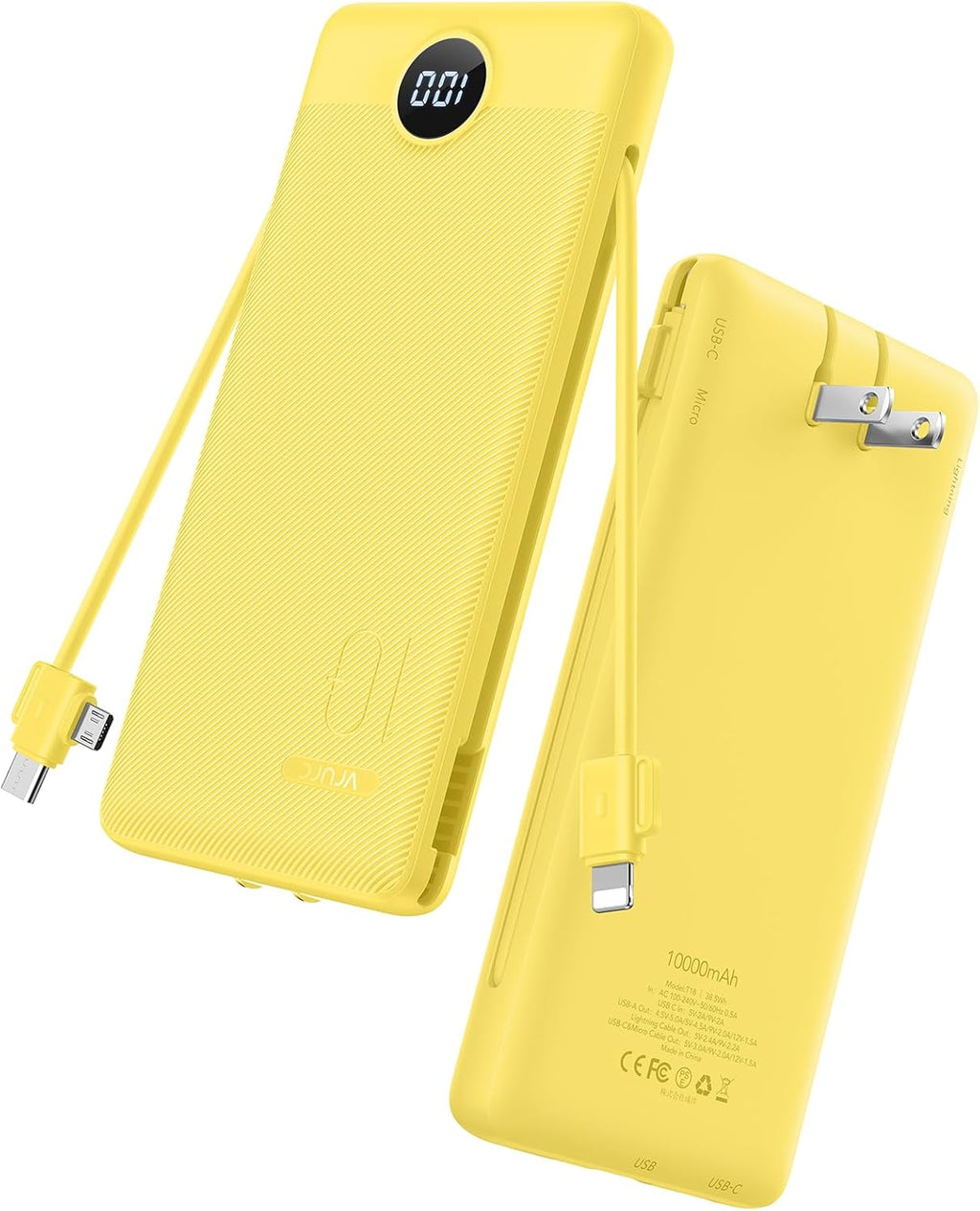 VRURC Portable Charger with Wall Plug, 10000mAh Slim Portable Charger Built in Cables,PD 20W Fast Charging Power Bank with Cords,USB C Portable Phone Charger Travel Accessories -Yellow(1 Pack)