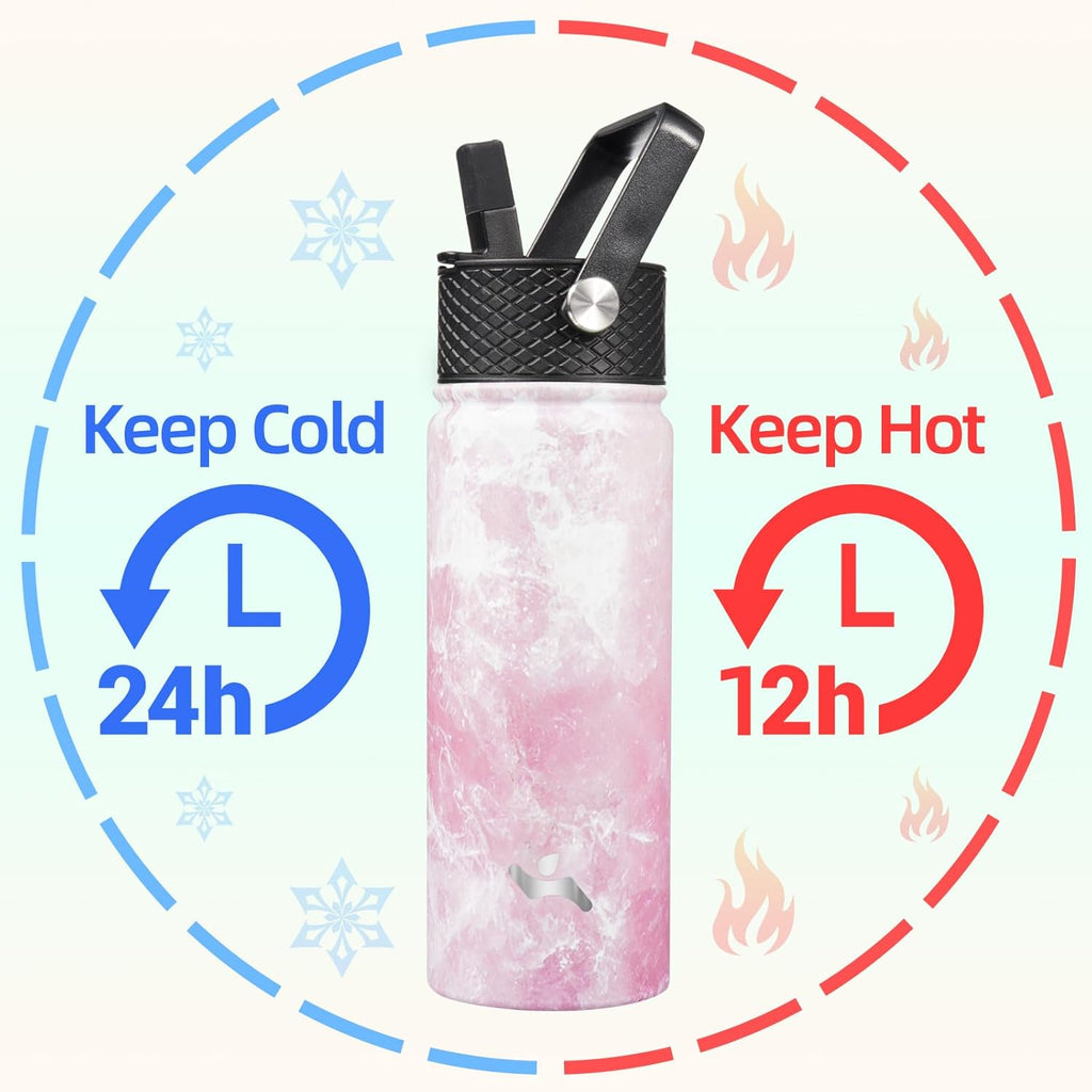 18 oz Insulated Water Bottle Stainless Steel Sport Bottles with 3 Lids,Marble Blossom