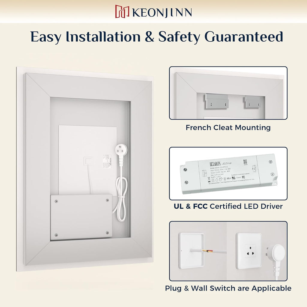 Keonjinn LED Mirror for Bathroom 40 x 30 Inch, Frontlit & Backlit Bathroom Vanity Mirror with 3 Color Lights, Lighted Bathroom Mirror with Anti-Fog, HD Tempered Glass, UL-Listed LED Driver, CRI90+