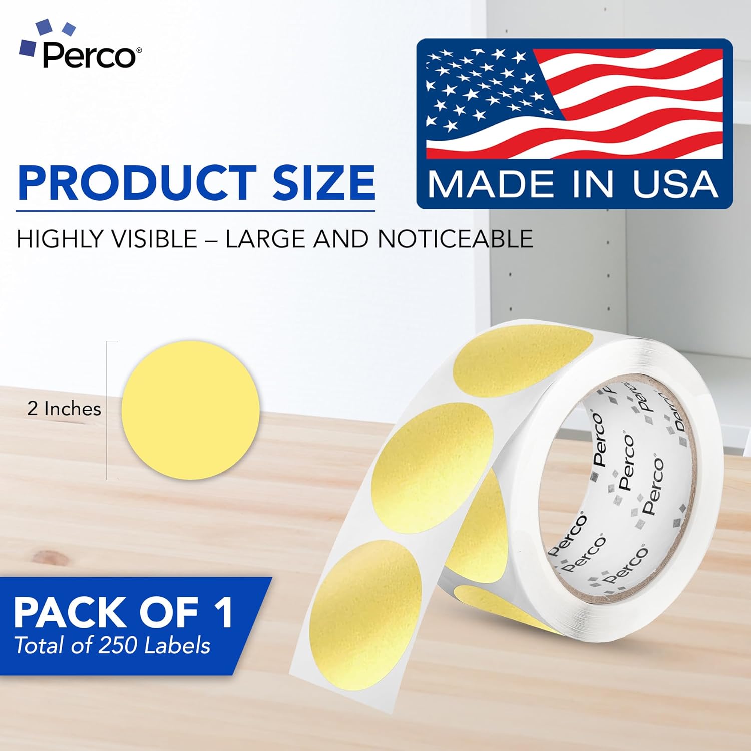 Perco Metallic Gold 2-Inch Perforated Circle Dot Sticker Labels — 250 Round Stickers Per Roll — with Permanent Adhesive for Awards, Product Seals, Gift Packaging, Event Marking & More — Made in USA