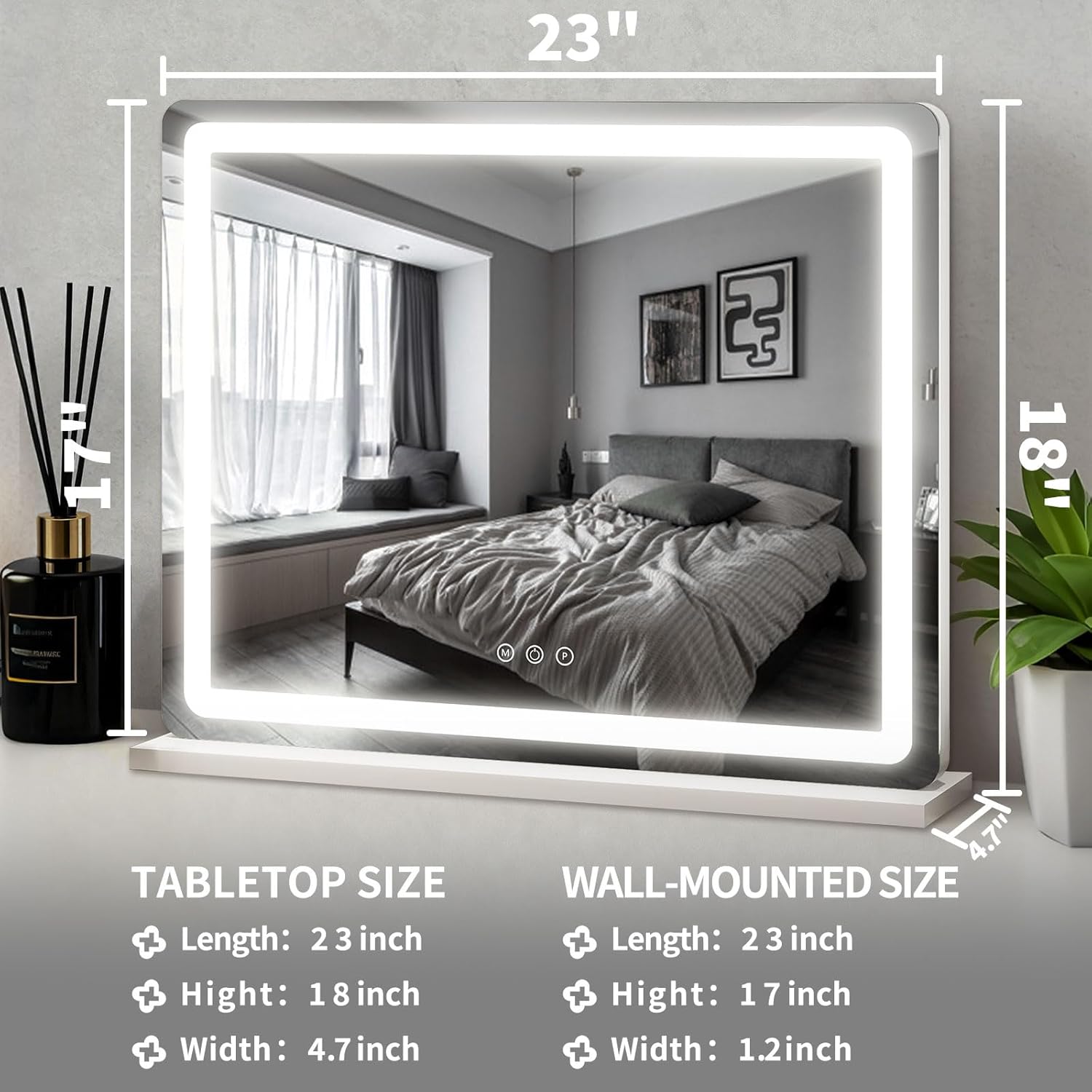 ROLOVE 23x18 Inch Vanity Mirror with Lights, 3-Color Modes, Dimmable LED Mirror with Touch Control - Large Makeup Mirror for Dressing Room (Wall/Tabletop Mount)
