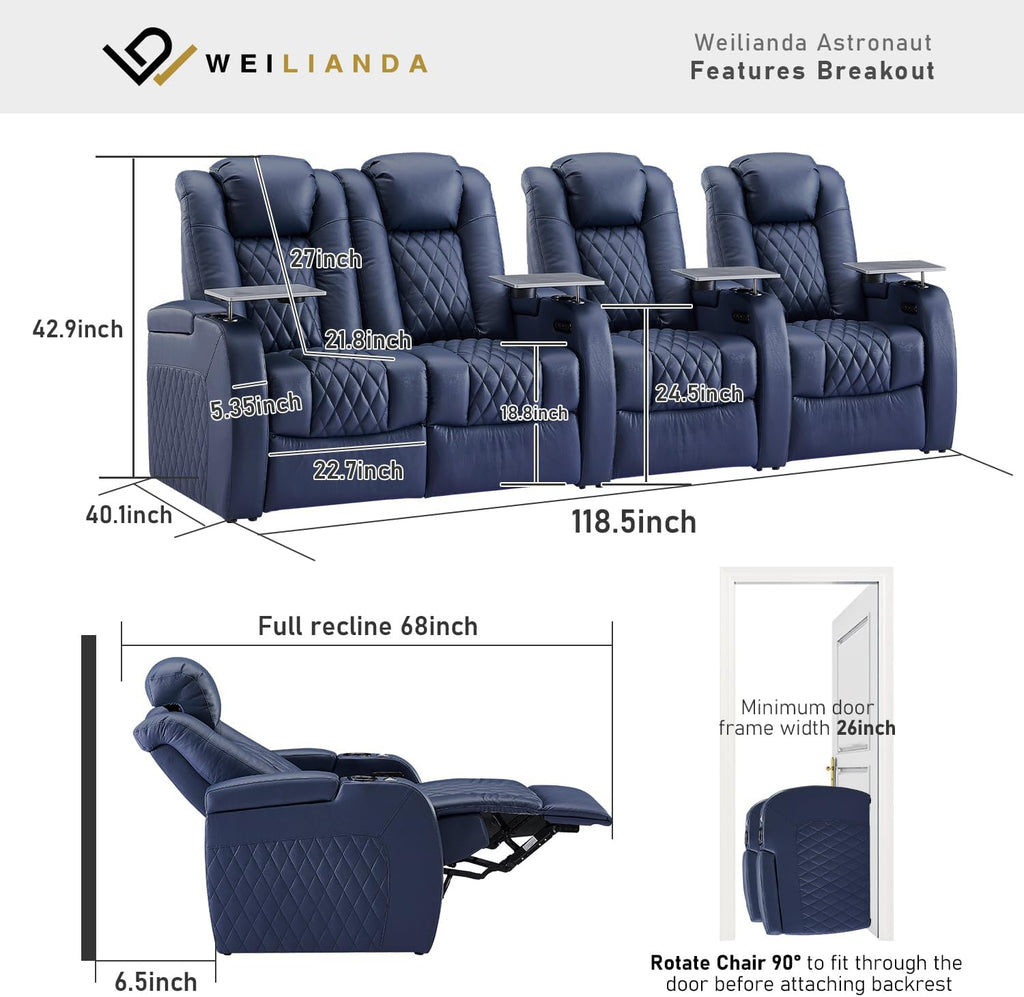 Weilianda Home Theater Seating Top Grain Leather Zero Gravity Recliner Chair Power Headrest Recline Movie Seat Gaming 7 Colors Mood Light Sofa with Tray Table USB Charge Row of 4 Loveseat Left Blue