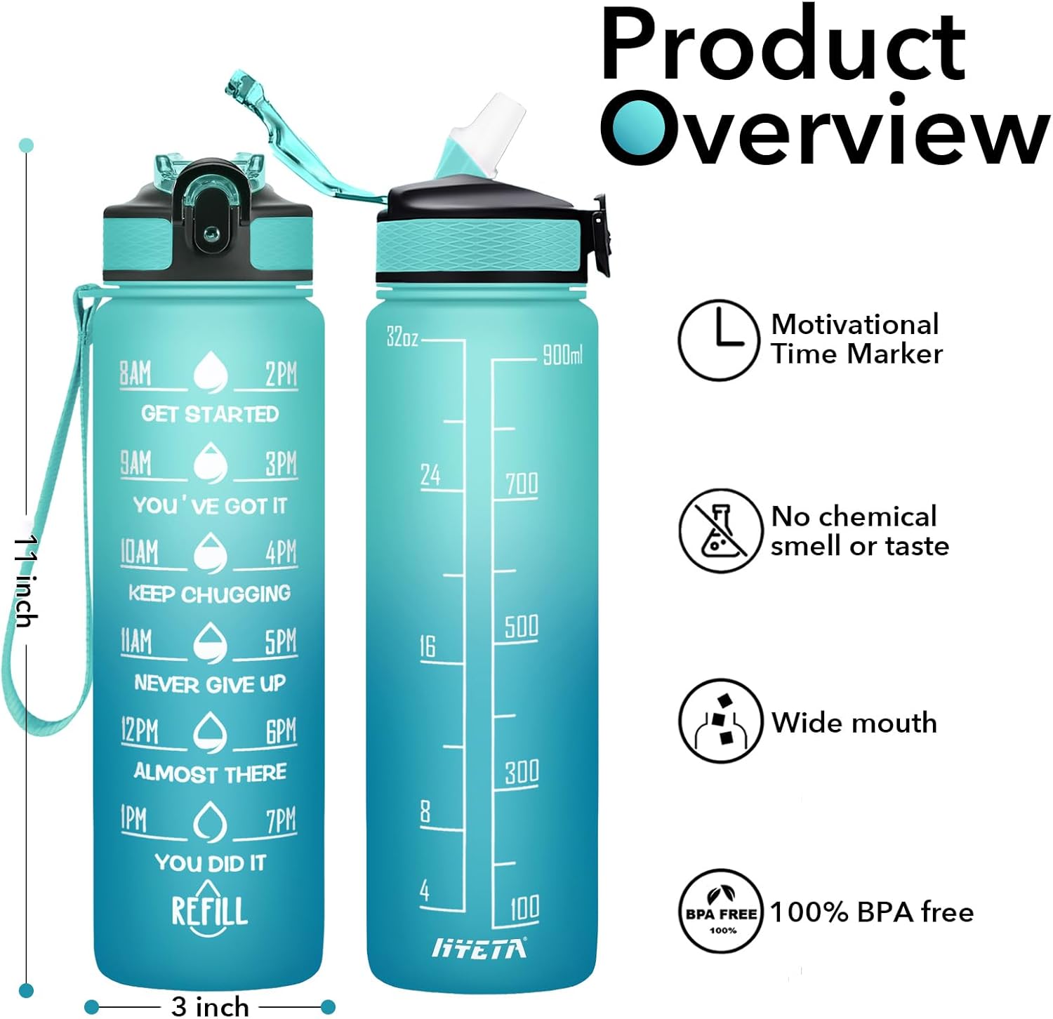 Hyeta 32 oz Water Bottles with Times to Drink and Straw, Motivational Water Bottle with Time Marker, Leakproof, Drinking Sports Water Bottle for Fitness, Gym and Outdoor