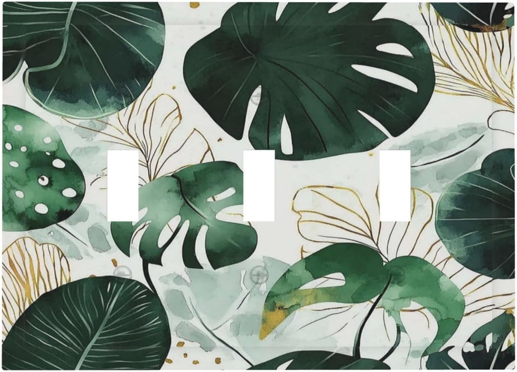 Boho Tropical Green Leaf Watercolor Banana Leaves Decorative Switch Plates 3 Gang Wall Plate Triple Toggle Light Switch Cover Faceplate Electrical Wall Panels For Bed Room Living Room Decor