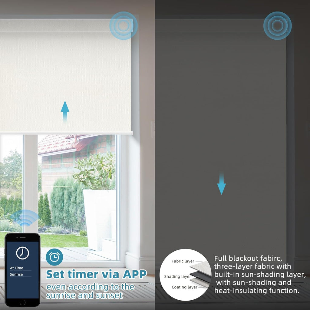 SmartWings Motorized Smart Blinds with Remote, Custom Automatic 100% Blackout Roller Shade Compatible with Alexa/Homekit/Google, Electric Smart Blinds for Indoor Windows, Vinyl Beige