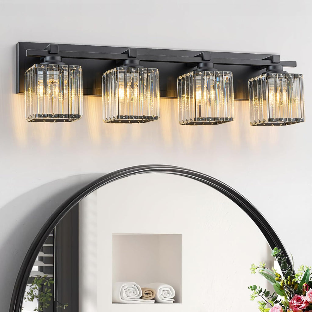 Crystal Bathroom Light Fixtures, 4 Light Black Vanity Lighting Over Mirror with Crystal Shades, Modern Bathroom Vanity Light for Restroom, Bath, Cabinet and Powder Room