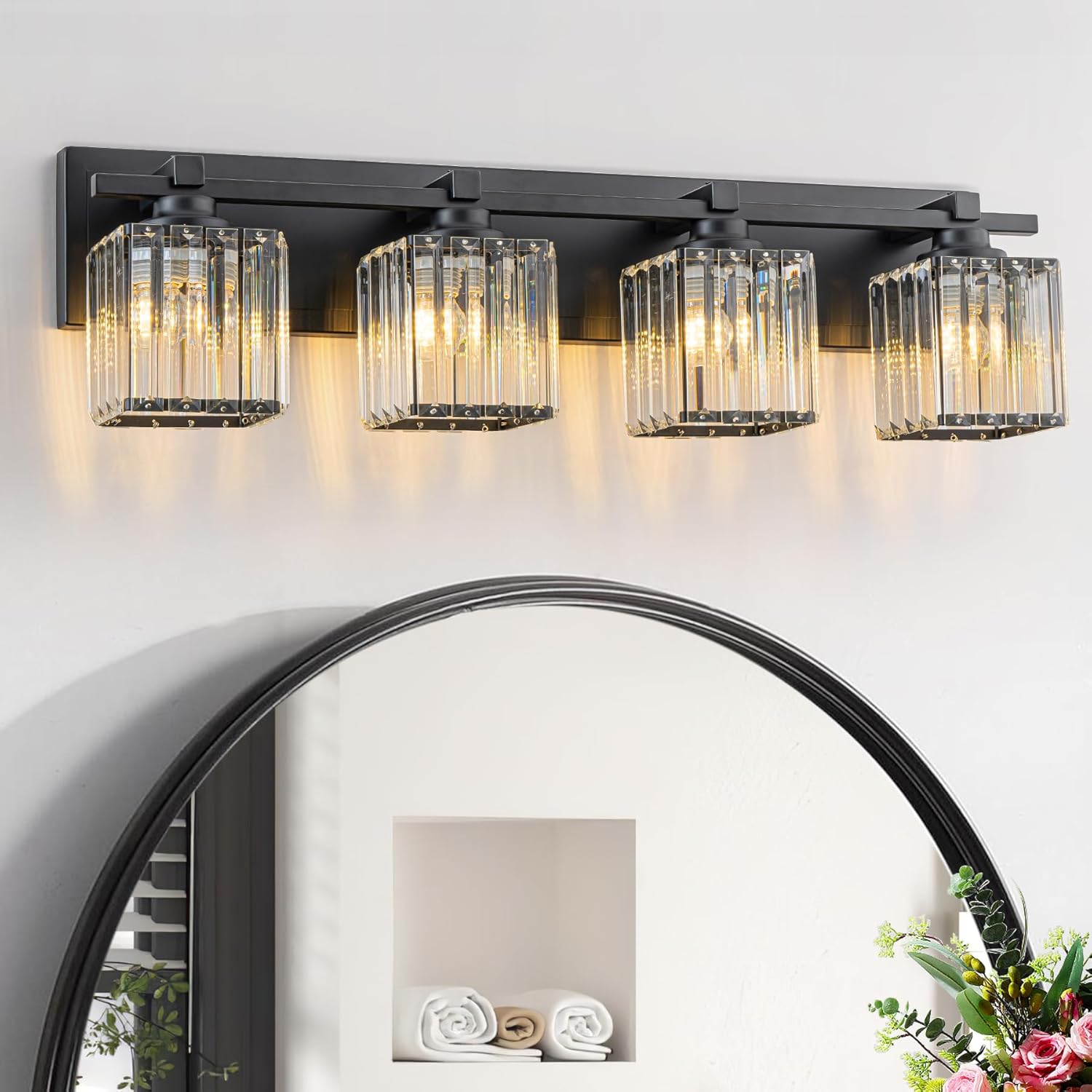 Crystal Bathroom Light Fixtures, 4 Light Black Vanity Lighting Over Mirror with Crystal Shades, Modern Bathroom Vanity Light for Restroom, Bath, Cabinet and Powder Room
