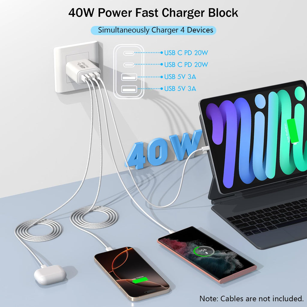 USB C Charger Block, 2Pack 40W 4-Port USB C iPhone Charger Fast Charging Plug Dual Port PD Power Adapter + QC Double Block Multi-port Brick Type C Box Plug for iPhone 16/15/14/13/12/11/Pro Max/XS,iPad