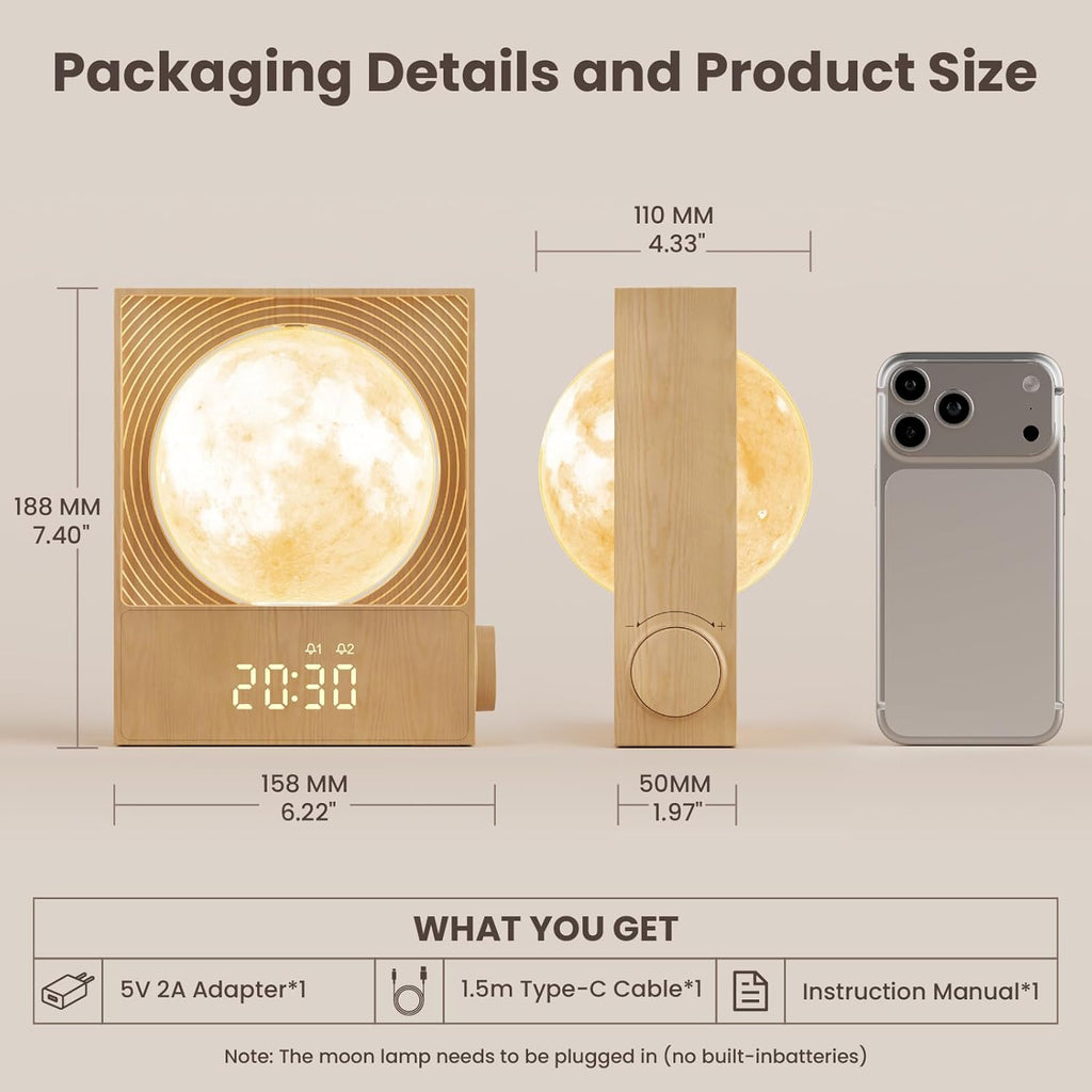 Sunrise Alarm Clocks for Heavy Sleepers,Rotatable Moon Light with Gentle Wake-Up,Clock Night Lamp for Bedrooms - Snooze,10 Light Effects,10 Nature Sounds,15 Ringtones for Adults,Kids,Nursery
