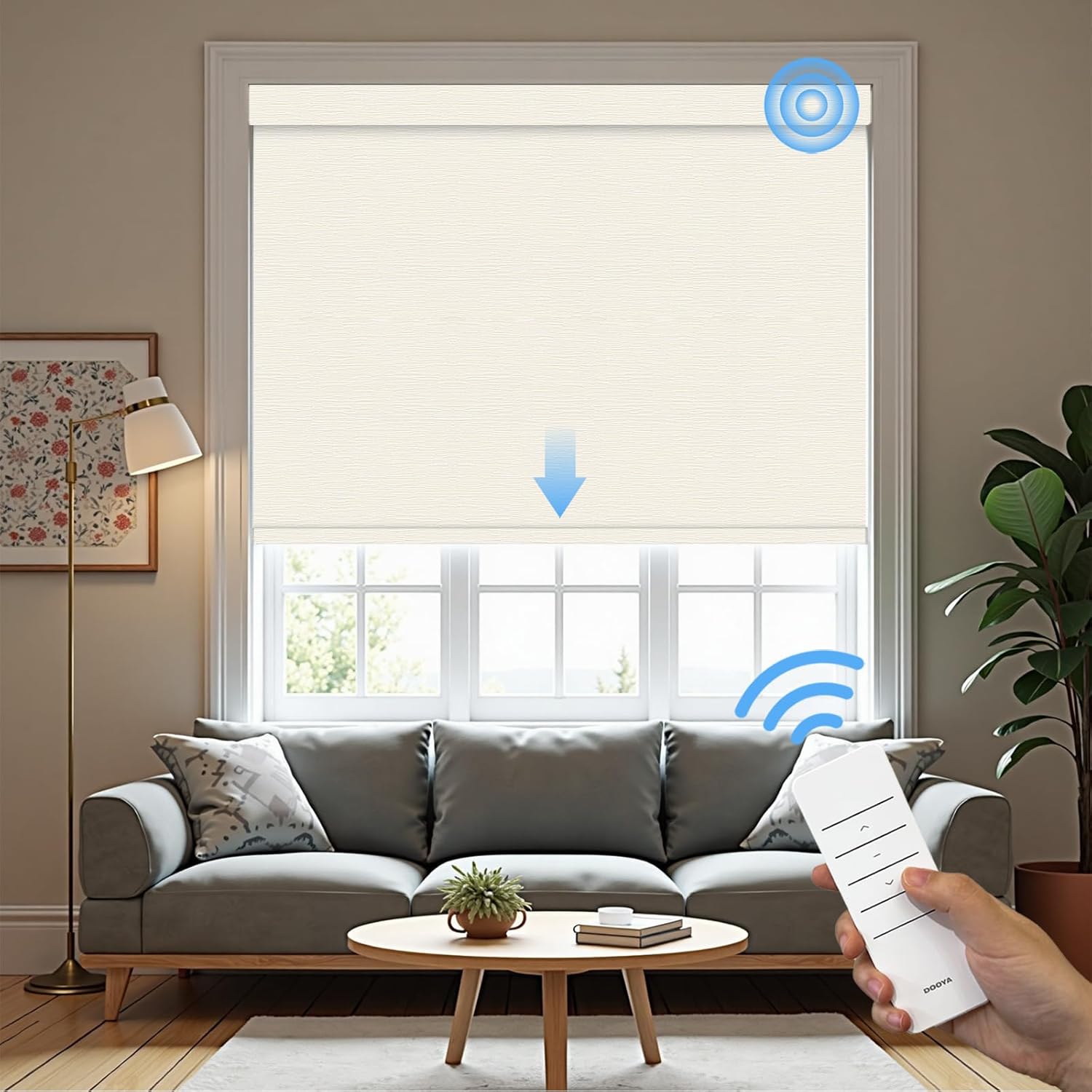Motorized Roller Blinds with Remote, 100% Blackout Automatic Roller Shades for Bedroom, Bathroom, and Living Room, Customized Size, Tree Ring Beige