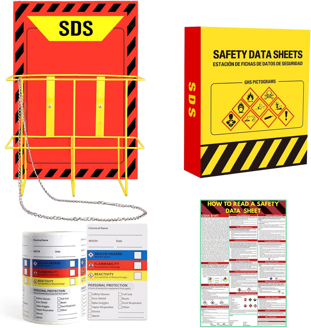 MSDS SDS Binder and Wall Station - Yellow Heavy Duty 3 Inch Material Safety Data Sheet 3 Ring Binder with SDS Wire Rack and Display Sign, Chain,Mounting Hardware,Safety Posters,MSDS Labels