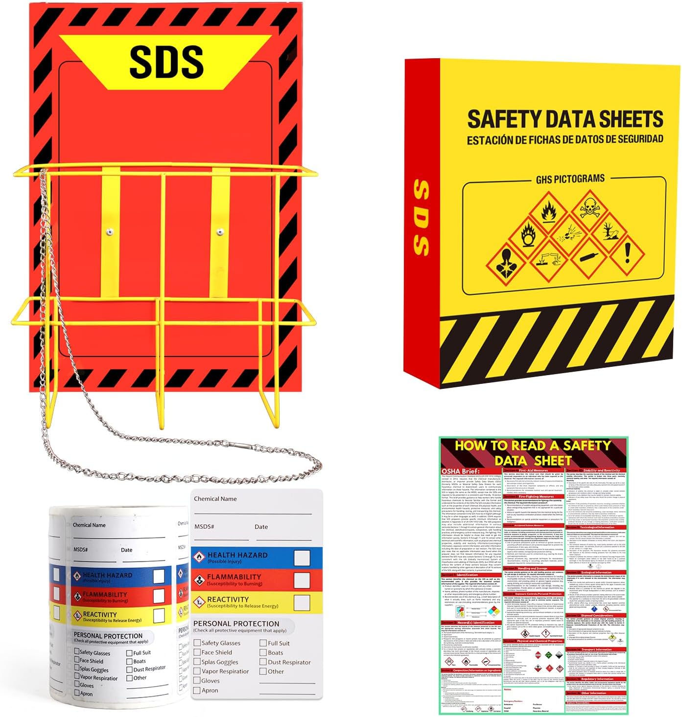 MSDS SDS Binder and Wall Station - Yellow Heavy Duty 3 Inch Material Safety Data Sheet 3 Ring Binder with SDS Wire Rack and Display Sign, Chain,Mounting Hardware,Safety Posters,MSDS Labels