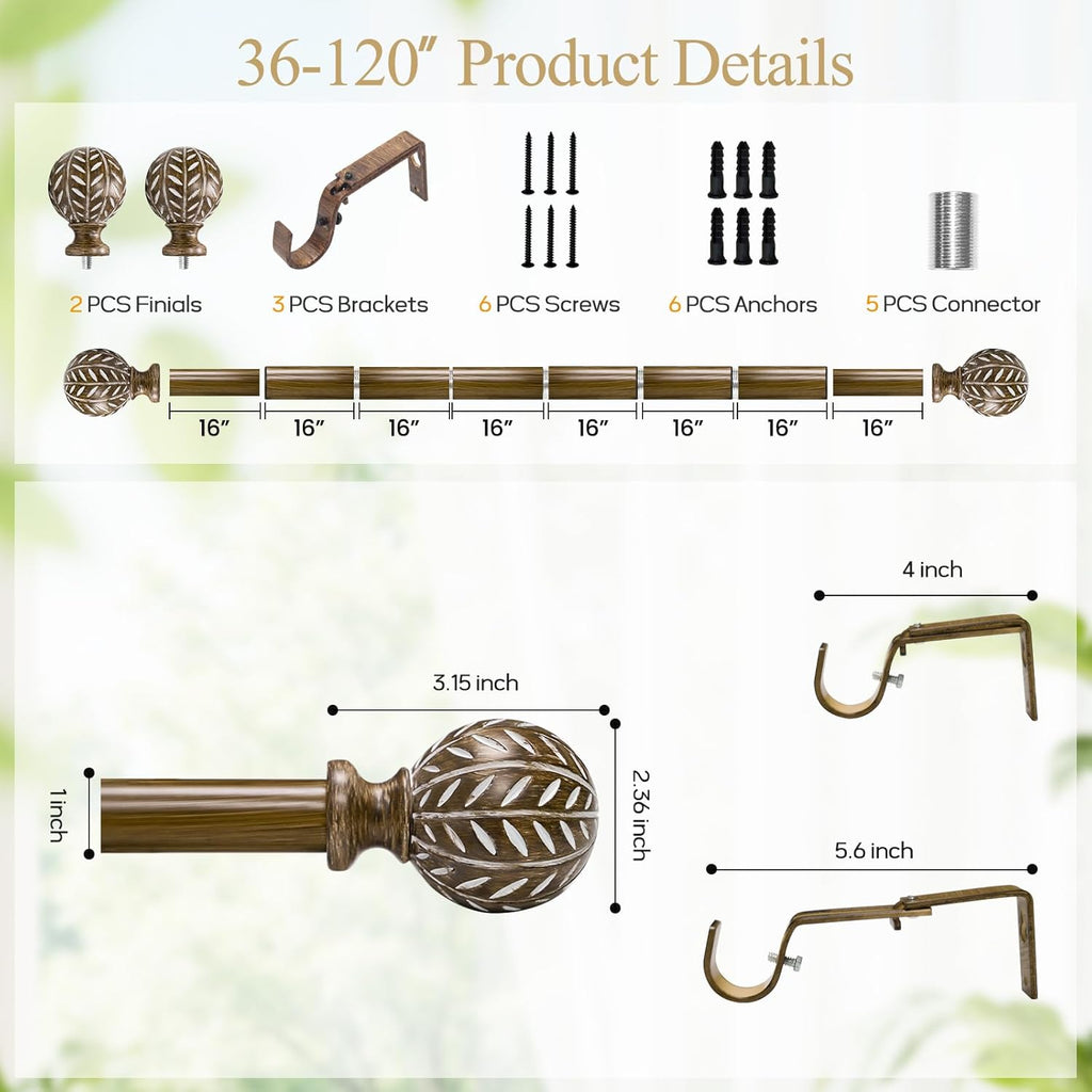 Boho Wooden Curtain Rods for Windows 66 to 120 Inches(5.5-10ft), Adjustable Heavy Duty 1" Diameter Drapery Rod with Imitation Wood-Grain Leaf-Pattern Finials - for Living Room & Bedroom，36-120''